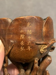 A Chinese bamboo 'plum blossom' libation cup, Guangxu and Zhu Jian 朱堅 mark, dated 1890