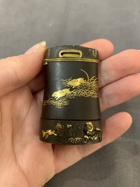 A fine Japanese copper- and gold-inlaid niellated iron pyrogen with hunting scenes, 日本國京都住駒井製 mark, Komai workshop, Kyoto, Meiji period