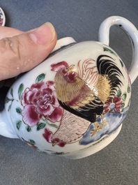 Two Chinese famille rose 'rooster' teapots, a milk jug and four handled cups, Yongzheng