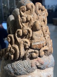 A large Chinese polychromed wooden head of Guanyin, probably Ming