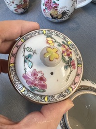 Two Chinese famille rose 'rooster' teapots, a milk jug and four handled cups, Yongzheng