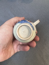 Two Chinese famille rose 'rooster' teapots, a milk jug and four handled cups, Yongzheng