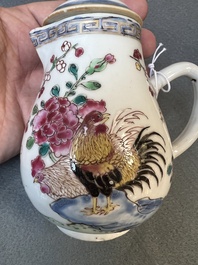 Two Chinese famille rose 'rooster' teapots, a milk jug and four handled cups, Yongzheng