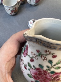 Two Chinese famille rose 'rooster' teapots, a milk jug and four handled cups, Yongzheng