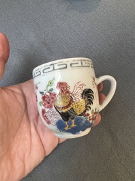 Two Chinese famille rose 'rooster' teapots, a milk jug and four handled cups, Yongzheng