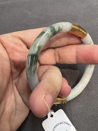 Two Chinese jadeite bracelets, one with 14K gold mounts, 19/20th C.