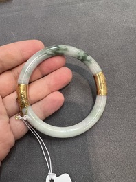 Two Chinese jadeite bracelets, one with 14K gold mounts, 19/20th C.