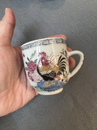 Two Chinese famille rose 'rooster' teapots, a milk jug and four handled cups, Yongzheng