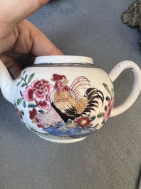 Two Chinese famille rose 'rooster' teapots, a milk jug and four handled cups, Yongzheng
