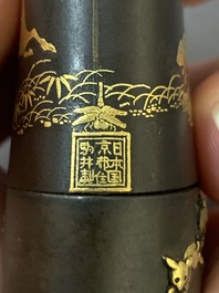 A fine Japanese copper- and gold-inlaid niellated iron pyrogen with hunting scenes, 日本國京都住駒井製 mark, Komai workshop, Kyoto, Meiji period