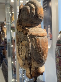 A large Chinese polychromed wooden head of Guanyin, probably Ming