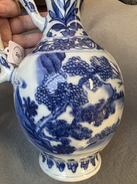 A Chinese blue and white ewer with figures in a landscape, Transitional period