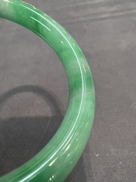 Two Chinese jadeite bracelets, one with 14K gold mounts, 19/20th C.