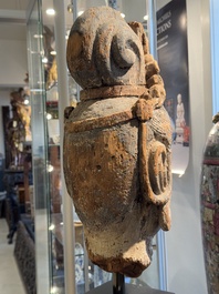 A large Chinese polychromed wooden head of Guanyin, probably Ming