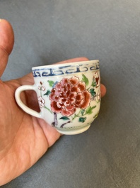 Two Chinese famille rose 'rooster' teapots, a milk jug and four handled cups, Yongzheng