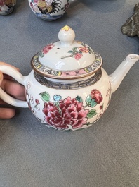 Two Chinese famille rose 'rooster' teapots, a milk jug and four handled cups, Yongzheng