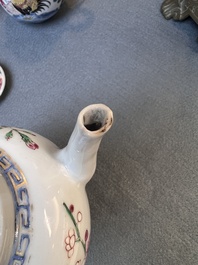 Two Chinese famille rose 'rooster' teapots, a milk jug and four handled cups, Yongzheng
