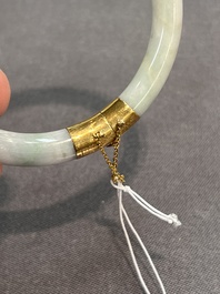 Two Chinese jadeite bracelets, one with 14K gold mounts, 19/20th C.