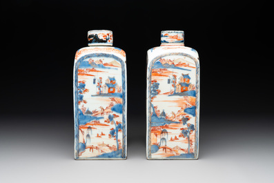 A pair of Chinese Imari-style square flasks and covers, Kangxi