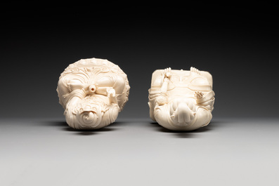 Two Chinese Dehua blanc de Chine sculptures of Guanyin, He Chaozong 何朝宗 marks, 20th C.
