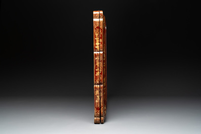A large Chinese Canton gilt-lacquered garment box with landscape and figural design, 19th C.