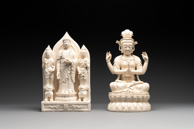 Two Chinese Dehua blanc de Chine sculptures of a Buddha and a Boddhisatva, He Chaozong 何朝宗 and Dehua 德化 marks, 20th C.