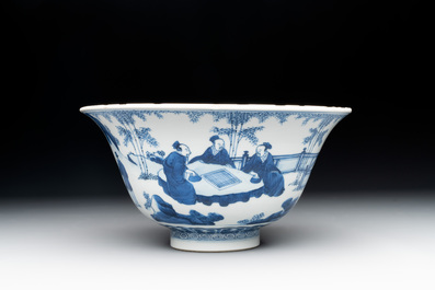 A large Chinese blue and white 'Zhu Lin Qi Xian 竹林七賢' bowl, Kangxi