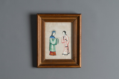 Ten frames with Chinese pith paper paintings depicting figures, Canton, 19th C.