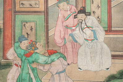 Chinese school: Two episodes from 'Romance of the Three Kingdoms', ink and colour on silk, 19/20th C.