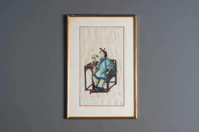 Ten frames with Chinese pith paper paintings depicting figures, Canton, 19th C.