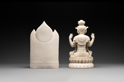 Two Chinese Dehua blanc de Chine sculptures of a Buddha and a Boddhisatva, He Chaozong 何朝宗 and Dehua 德化 marks, 20th C.