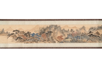 In the manner of Pu Xinyu 溥心畬 (1896-1963): 'Temple in the mountains', ink and colour on paper, with a hongmu wooden box