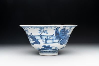 A large Chinese blue and white 'Zhu Lin Qi Xian 竹林七賢' bowl, Kangxi