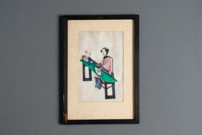 Ten frames with Chinese pith paper paintings depicting figures, Canton, 19th C.