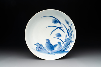 A Japanese Kakiemon-style blue and white 'quails' bowl, 19/20th C.
