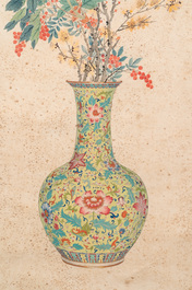 Follower of Guangxu 光緒 (1871-1908): 'Vases and flowers', Cixi seal mark, ink and colour on paper
