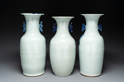 Three Chinese celadon-ground blue and white vases, 19th C.