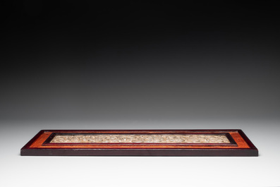 A Chinese wooden table screen with a carved stone 'dragon' plaque, 20th C.
