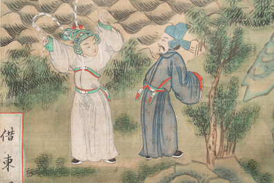 Chinese school: Two episodes from 'Romance of the Three Kingdoms', ink and colour on silk, 19/20th C.
