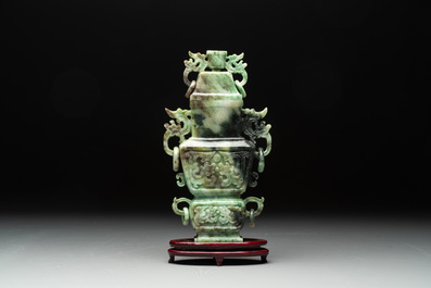 Three Chinese jade vases and covers, 20th C.