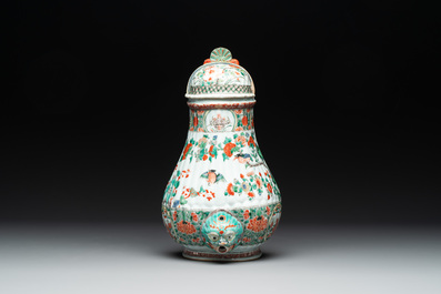 A Chinese famille verte fountain and basin with birds among flowering branches, Kangxi