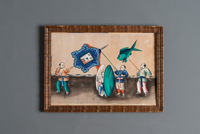 Ten frames with Chinese pith paper paintings depicting figures, Canton, 19th C.