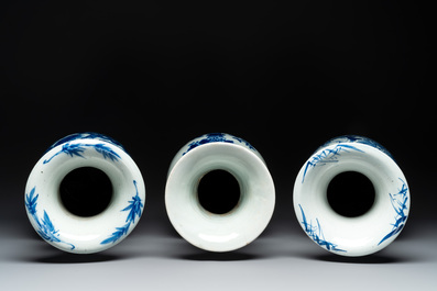 Three Chinese celadon-ground blue and white vases, 19th C.