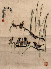Chinese school: 'Calligraphy' and 'Sparrow', ink and colour on paper, 20th C.