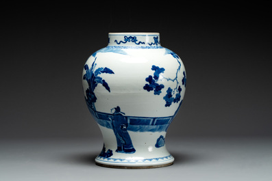 A Chinese blue and white vase with narrative design, 19th C.