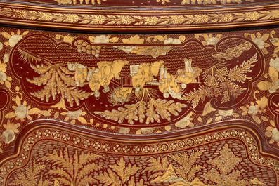 A large Chinese Canton gilt-lacquered garment box with landscape and figural design, 19th C.