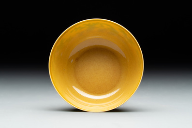 A Chinese yellow-ground 'birds and peaches' bowl, Guangxu mark and possibly of the period