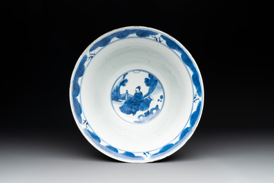 A large Chinese blue and white 'Zhu Lin Qi Xian 竹林七賢' bowl, Kangxi