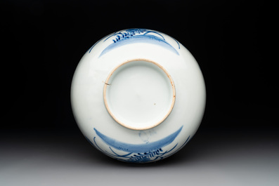 A Japanese Kakiemon-style blue and white 'quails' bowl, 19/20th C.