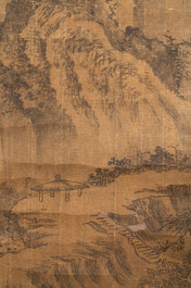 Chinese school: 'Mountainous landscape', ink and colour on silk, Qing or later